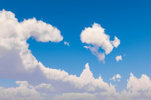 Wispy fluffy clouds against a clear blue sky. 3D illustration rendering.