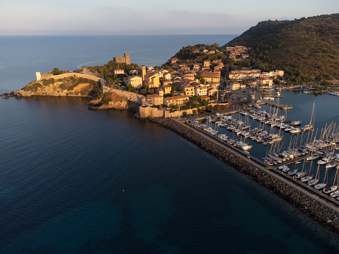 Aerial view of The old village of Talamone and its marina Tuscany, Italy