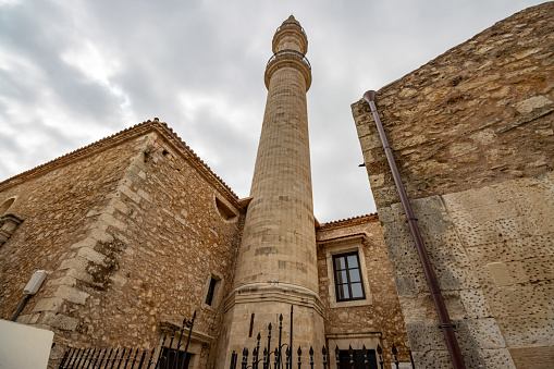 Neratze Mosque at Rethymnon Town  in Crete, Greece. It is also known as Gazi Hussein Mosque and is a legacy of the Turk domination of 1657 when Gazi Hussein Pasha transformed the original Venetian church and monastery into a mosque,