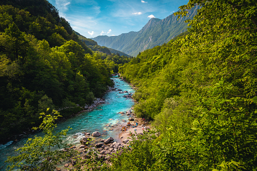 Fantastic nature scenery and kayaking destination. Stunning winding Soca river with rocky shoreline in the green forest, Kobarid, Slovenia, Europe