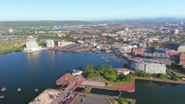 Cardiff, UK: Aerial view of capital city of Wales, coastal area around Cardiff Bay - landscape panorama of United Kingdom from above