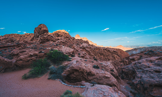 Aerial view in the Valley of Fire, Nevada, USA. Seen in the evening at summer.