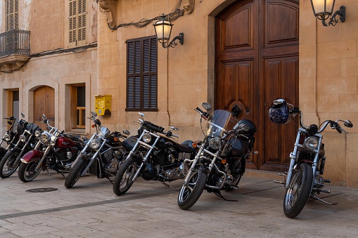 Santanyi, Spain; july 30 2022: Exhibition of Harley-Davidson classic motorcycles in the Majorcan town of Santanyi, Spain