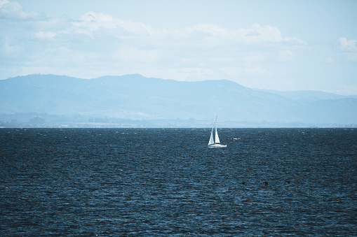 A white sailing boat sailing in the ocean in the San Francisco Bay. Seen at day in summer.