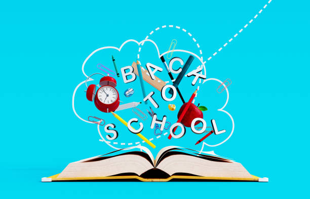 istock Open book with school accessories popping out on vibrant blue background 1413407990