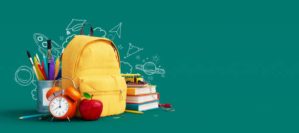 istock Yellow backpack with alarm clock and school equipment. Back to school concept on green background 1413408067
