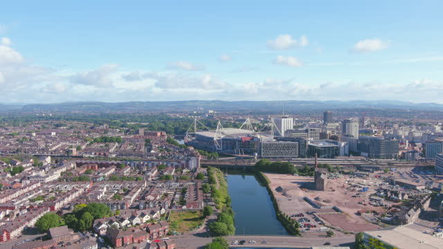 Cardiff, UK: Aerial view of capital city of Wales, modern city centre with with high-rise buildings - landscape panorama of United Kingdom from above