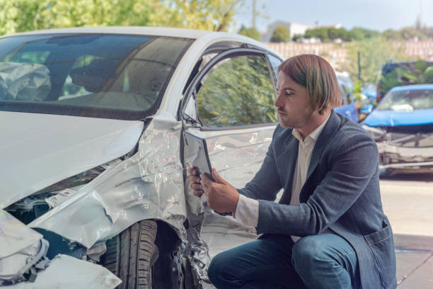 ein foto des autos nach einem verkehrsunfall machen - car insurance insurance agent damaged stock-fotos und bilder