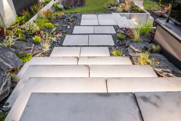 istock Modern Residential Backyard Garden with Illuminated Concrete Stairs. 1413408490