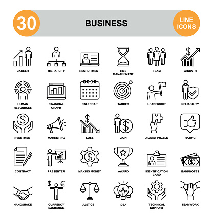 Business Consulting. icon set contains such icons as hourglass, thumbs up, target, jigsaw puzzle, gear, handshake, thropy, etc