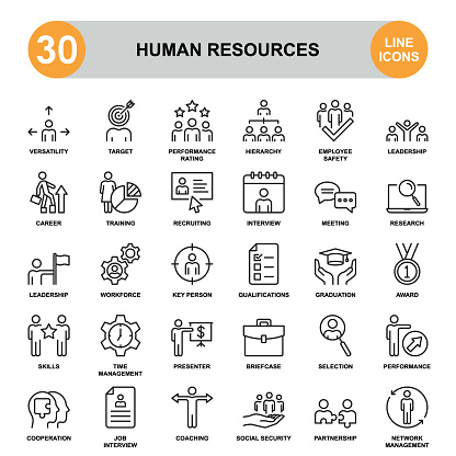 Human Resources. icon set contains such icons as target, group of people, laptop, graduation cap, medal, briefcase, gear, etc