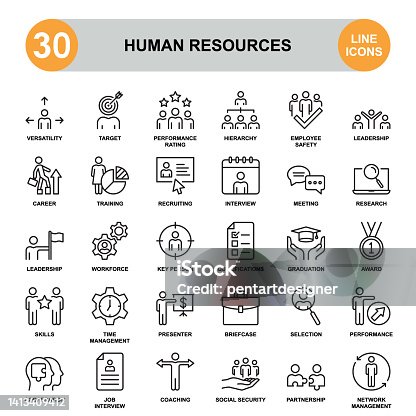 istock Human Resources. icon set contains such icons as target, group of people, laptop, graduation cap, medal, briefcase, gear, etc 1413409412
