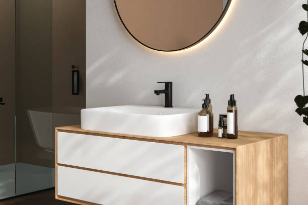 istock 3D render an wooden vanity counter with white ceramic washbasin 1413410361