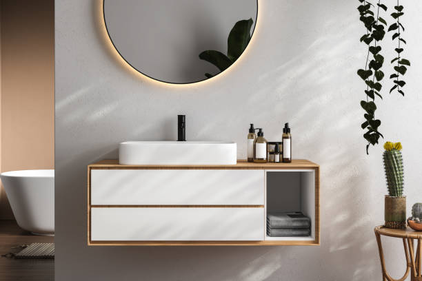 istock 3D render an wooden vanity counter with white ceramic washbasin 1413410364
