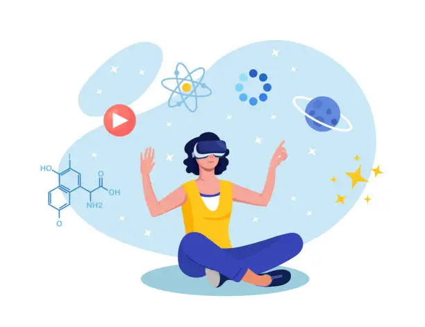 Vector illustration of Cyberspace. Metaverse Digital Virtual Reality Technology. Innovation Interactive Education at Home. Woman in VR Glasses and Headset Learning and Touching Elements of Simulation. Cyber Technology