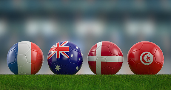Football balls national flags group D on football pitch. 3d illustration.