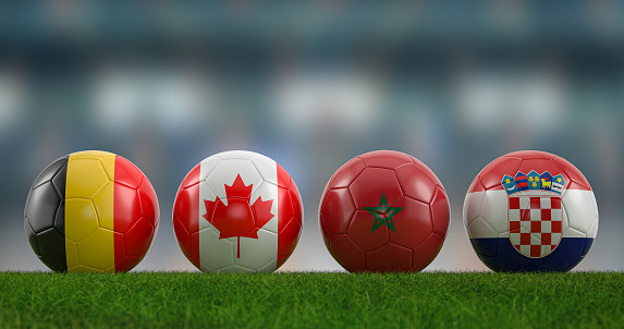 Football balls national flags group F on football pitch. 3d illustration.