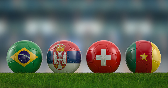 Football balls national flags group G on football pitch. 3d illustration.
