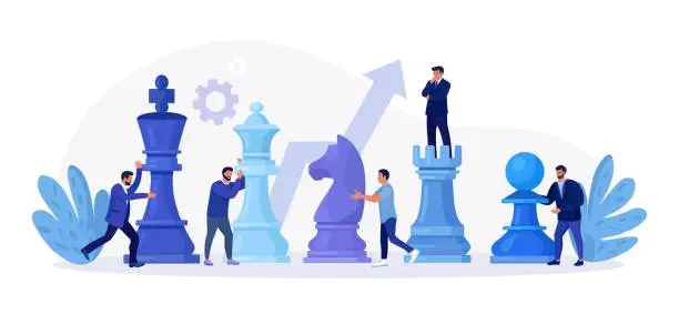 Vector illustration of Businessmen playing giant chess and try to find strategic position for business goal. People planning, thinking, discussing strategy, tactics. Successful teamwork, negotiation. Competition, leadership
