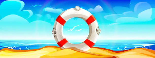 Vector illustration of The concept of sea travel, tourism and beach holidays in cartoon style. Lifebuoy in the sand against the background of the sea and the beach.