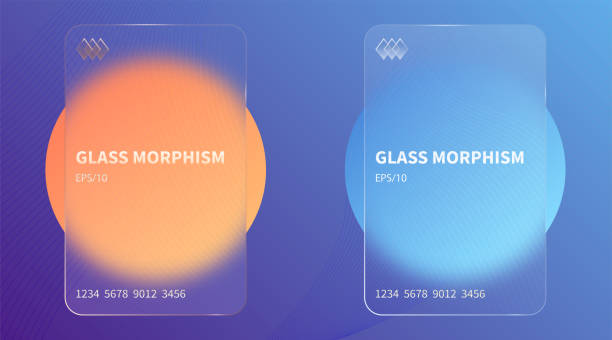 Glass morphism effect. Transparent frosted acrylic bank cards. Orange yellow gradient circles on violet blue background. Realistic glassmorphism matte plexiglass shape. Vector vector art illustration