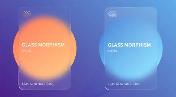 Vector illustration of Glass morphism effect. Transparent frosted acrylic bank cards. Orange yellow gradient circles on violet blue background. Realistic glassmorphism matte plexiglass shape. Vector