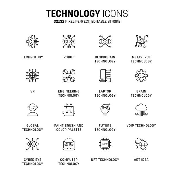 Technology icons set. Emerging technology icons. Information technology vector Technology icons set. Emerging technology icons. Information technology vector. Set of technology symbol industry. Intelligence outline modern vector set. appearance stock illustrations