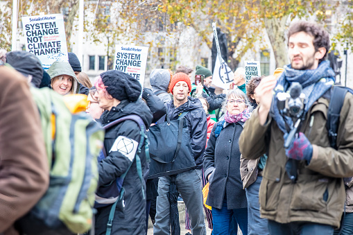 Protesters demanding the government to take greater action on climate change during Extinction Rebellion protests in central London, United Kingdom on 24 Nov 18.