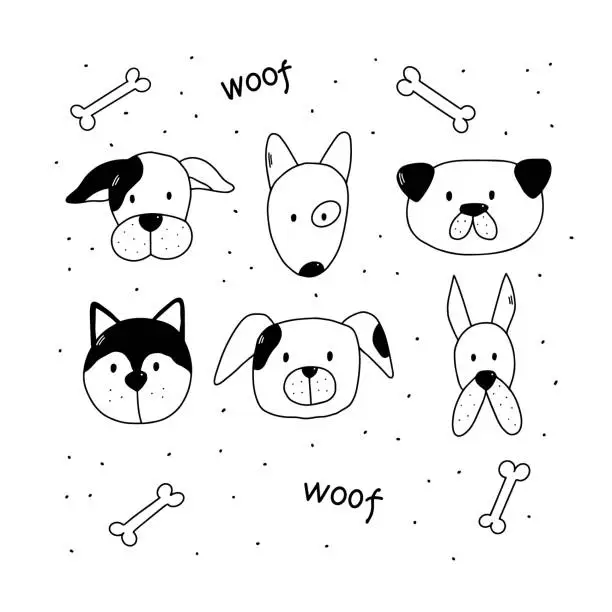 Vector illustration of Dog doodle set. Husky, pit bull, dog. Black and white icons, line graphics.