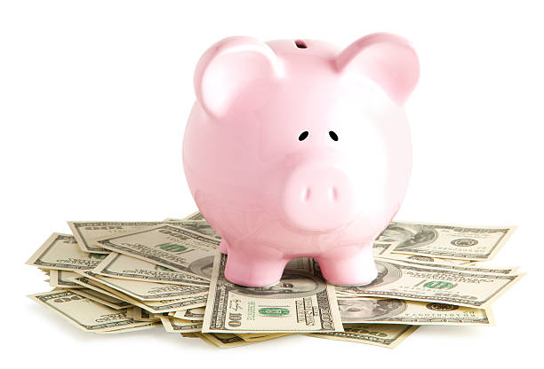 istock Pink piggy bank on dollars 141341819