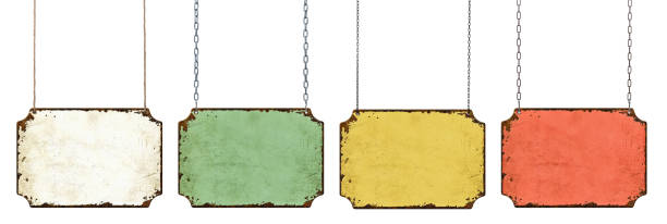 istock Four empty vintage tin signs hanging on a white background 1413418296