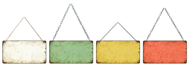 istock Four empty vintage tin signs hanging on a white background 1413418319