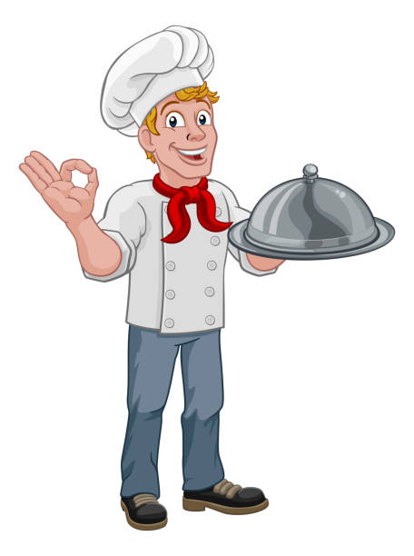 chef cook man cartoon holding a dome tray - catering stock-grafiken, -clipart, -cartoons und -symbole