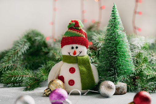 Winter or Christmas panoramic background with happy snowman holding a fir branch decorated with berries. Christmas and New Year card or banner with a snowman dressed in pink mittens, hat and scarf in winter landscape. Defocused light on background.