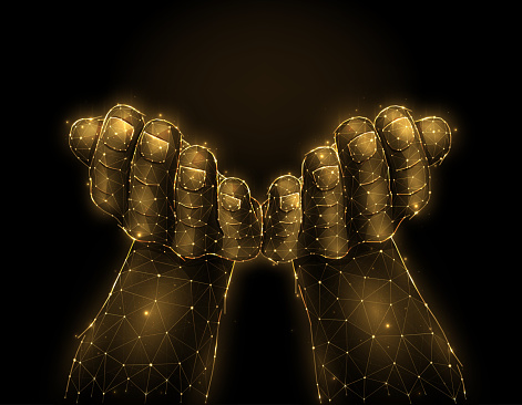 Open hands palms raised up, hand gesture abstract vector illustration on a dark background. Hands holding or giving something. Pray or begging concept artwork.