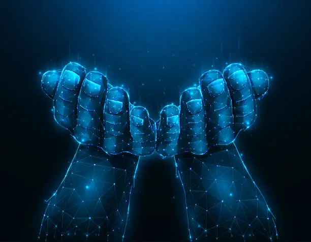 Vector illustration of Open hands palms raised up, hand gesture polygonal vector illustration on a dark blue background. Hands holding or giving something. Pray or begging concept artwork.