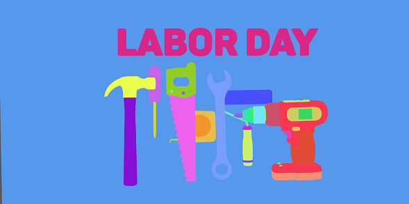 Happy Labor Day - USA, American workforce concept: Various 3D illustration backgrounds with copy space. National Holiday of 1st may international workers day celebrations. Manufacturing employee event, web banner template for invitation.
