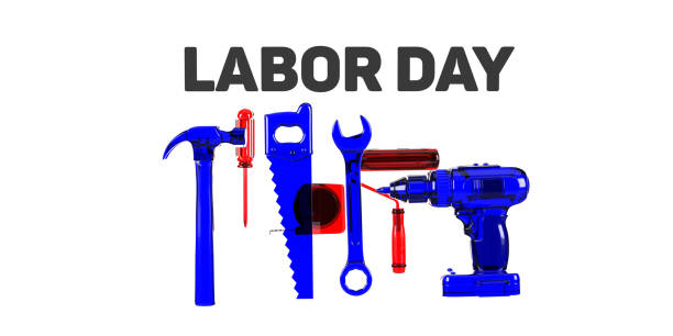 Happy Labor Day - USA, American workforce concept: Various 3D illustration backgrounds with copy space. National Holiday of 1st may international workers day celebrations. Manufacturing employee event, web banner template for invitation.