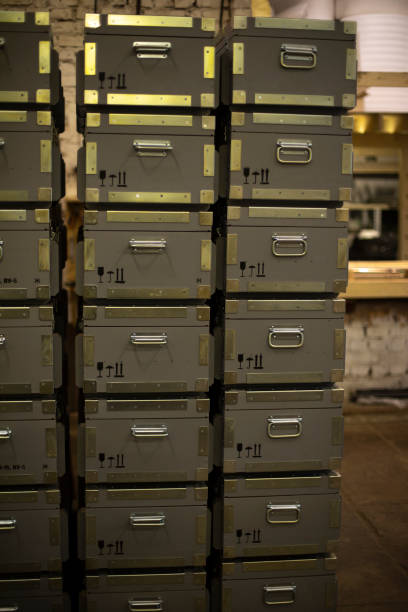 istock Military boxes in stock. Wooden boxes. 1413424870