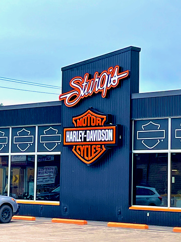 Sturgis, South Dakota, USA - July 7, 2022: The Sturgis Harley-Davidson Motorcycle Store near downtown Sturgis, home of the historic, annual Sturgis Motorcycle Rally.