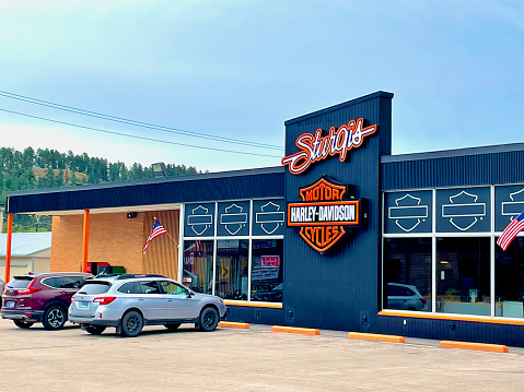 Sturgis, South Dakota, USA - July 7, 2022: The Sturgis Harley-Davidson Motorcycle Store near downtown Sturgis, home of the historic, annual Sturgis Motorcycle Rally.