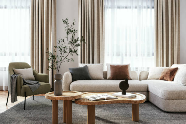 modernes wohnzimmer-interieur - 3d-rendering - modern stock-fotos und bilder