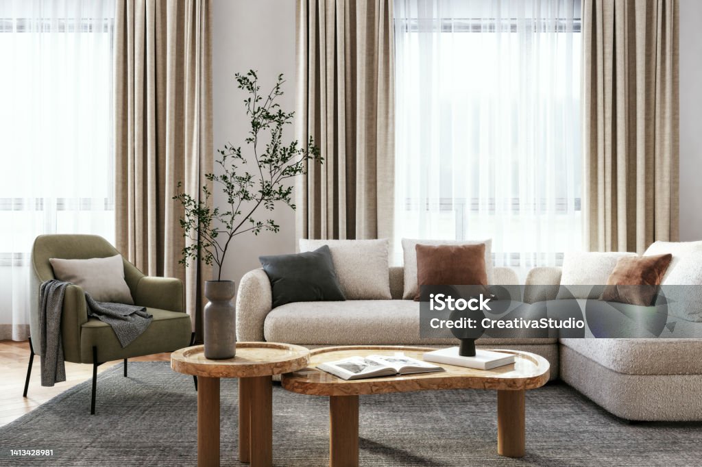 Modern living room interior - 3d render Living room interior design- 3d render beige, brown  and green colored furniture and wooden elements Living Room Stock Photo