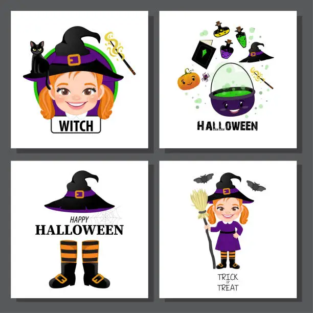 Vector illustration of Set of cute halloween card template with witch cartoon character for birthday cards, invitations, tags, party decoration vector