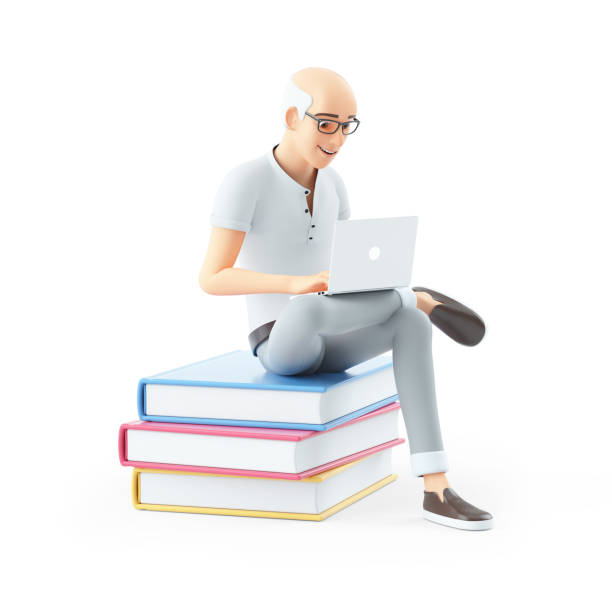 istock 3d senior man sitting on books with laptop 1413429471