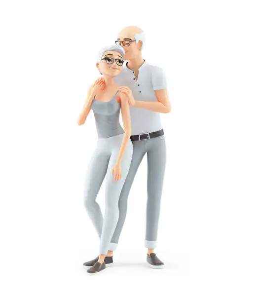 3d senior man and woman standing together, illustration isolated on white background