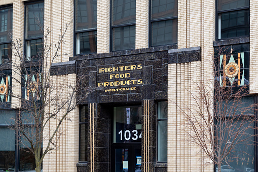 Chicago, Illinois, USA - March 29, 2022: Richter's Food Products Building in Chicago, Illinois, USA,  An exuberant Art Deco sausage factory.