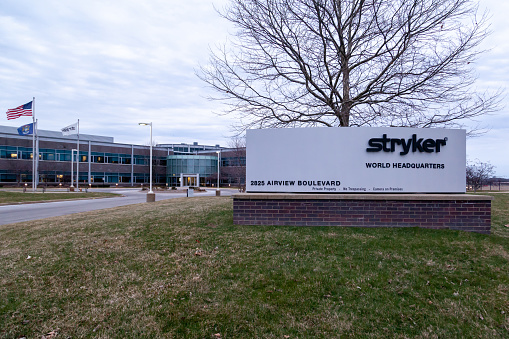 Kalamazoo, Michigan, USA - March 29, 2022: Stryker world  headquarters in Kalamazoo, Michigan, USA. Stryker Corporation is an American multinational medical technologies corporation.