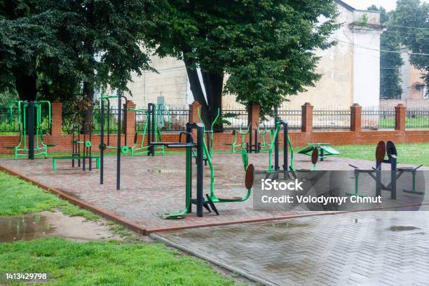 Exercise Stations In The Public Park Free Outdoor Gym Outdoor Gym On The Sports Field In The Park Stock Photo - Download Image Now
