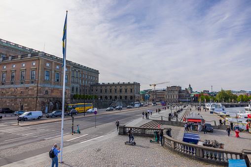 Sweden. Stockholm. 05.18.2022. Beautiful view from area of Royal Palace to port embankment of Baltic sea.